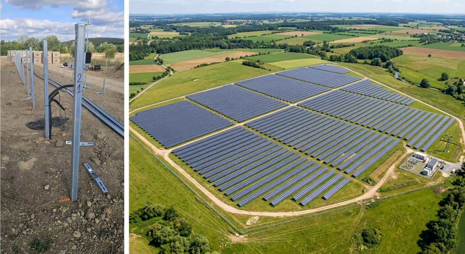 Solarpark PVA Prüm – Bauphase und Luftaufnahme
